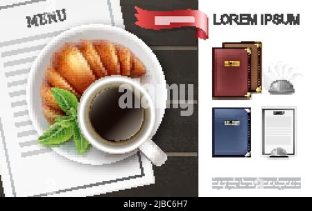 Realistische bunte Menü deckt Konzept mit Kaffeetasse Minze Blätter Croissant auf Teller Menükarte und Servietten mit Metallhaltern Vektor-Illustration Stock Vektor