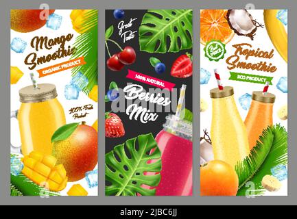 Realistische Glas Cocktail Smoothie Banner Set aus drei vertikalen Hintergründen mit Glasflaschen Beeren und Blätter Vektor-Illustration Stock Vektor