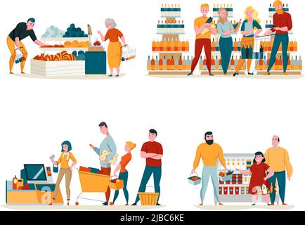 Supermarkt Konzept Symbole mit Shopping-Symbole flach isoliert Vektor-Illustration gesetzt Stock Vektor