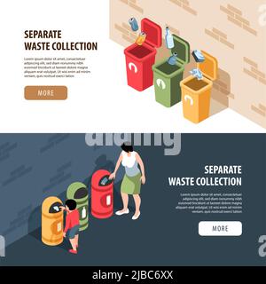 Satz von zwei horizontalen isometrischen Bannern zum Recycling von Abfallstoffen mit bearbeitbarem Text, mehr-Taste und Personen-Vektorgrafik Stock Vektor
