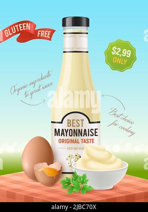 Realistische Mayonnaise vertikale Anzeigen Poster mit Outdoor-Landschaft Tisch und Eier mit Platten und Produktpaket Vektor Illustration Stock Vektor