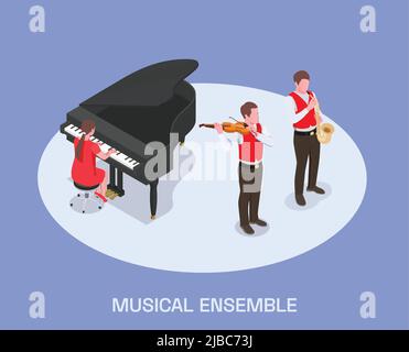 Kreative Menschen Berufe Künstler isometrische Komposition mit Text und Gruppe von Menschen, die Musik auf Instrumenten Vektor-Illustration Stock Vektor