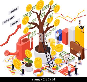 Farbiges Wealth Management isometrisches Konzept mit abstrakter Situation und Big Money Three Vector Illustration Stock Vektor