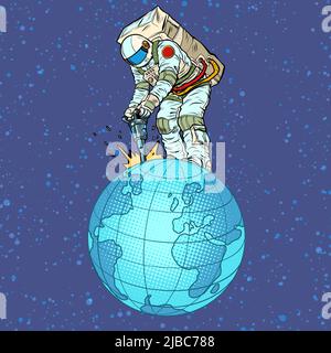 Ein Astronaut mit einem Presslufthammer extrahiert natürliche Ressourcen aus dem Planeten Erde. Weltwirtschaft, Kosmonauten. Globales Geschäft. Pop Art Retro Vektor Il Stock Vektor