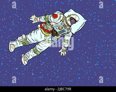 Ein müder Astronaut schläft im Weltraum. Ein Profi schläft bei der Arbeit mit seinem Kopf auf einem Kissen. Pop Art Retro Vektor Illustration 50s 60s Vintage KI Stock Vektor