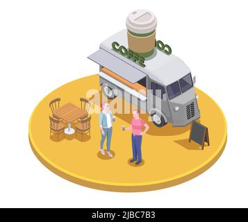 Lebensmittel-LKW isometrische Zusammensetzung mit menschlichen Charakteren und Kaffee-LKW auf Kreis Plattform Vektor-Illustration Stock Vektor