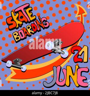 Skateboard-Poster. Skateboarding-Tag. Moderner Stil. Straßenbanner oder Postkarte im trendigen Stil für Jugendliche. Stock Vektor