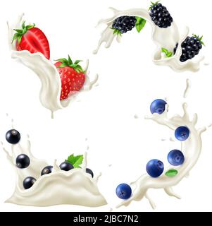 Milchjoghurt Spritzer realistisches Set mit Beeren isoliert Vektor-Illustration Stock Vektor