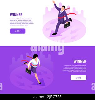 Isometrische Gewinner Geschäftsmann horizontale Banner mit menschlichen Charakteren der laufenden Menschen mehr Taste und Text-Vektor-Illustration gesetzt Stock Vektor