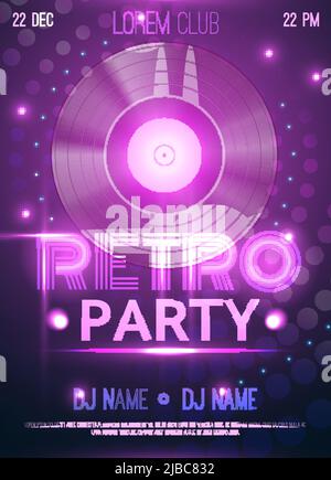 Retro Party Club Ankündigung Einladung Poster mit realistischen Vinyl-Schallplatte glühenden lila Lichter Hintergrund Vektor-Illustration Stock Vektor