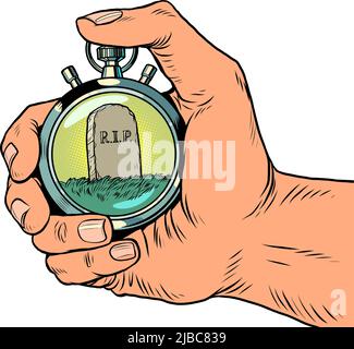 Todesschild Tod Ende des Lebens Sport Stoppuhr, Geschwindigkeitsmesser. Zeitschaltungspfeile sind ein genaues Instrument. Führen Sie Pop Art Retro Vektor Illustration Comic Stock Vektor