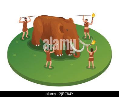 Caveman prähistorischen primitiven Menschen isometrische Zusammensetzung mit Bild von Mammut angegriffen von Gruppe von Menschen Vektor-Illustration Stock Vektor