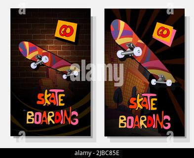 Skateboard-Poster. Skateboarding-Tag. Moderner Stil. Straßenbanner oder Postkarte im trendigen Stil für Jugendliche. Stock Vektor