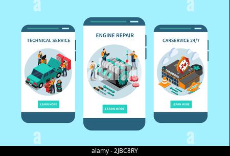 Auto technischen Service App 3 mobilen Bildschirm isometrische Designs mit Motor Reparatur 24 Stunden Zugang Vektor Illustration Stock Vektor