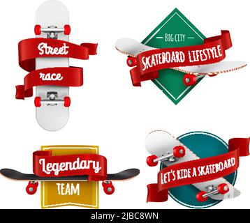 Skateboards Embleme realistische Set mit Sport Inventar mit roten Bändern Vektor-Illustration dekoriert Stock Vektor