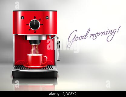Good Morning realistische Hintergrund mit roten Kaffeemaschine und Tasse heißen Getränken Vektorgrafik Stock Vektor