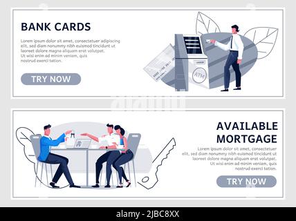 Bank-Website flache horizontale Banner mit menschlichen Zeichen Silhouette Symbole Text gesetzt und versuchen Sie jetzt Schaltflächen Vektor Illustration Stock Vektor