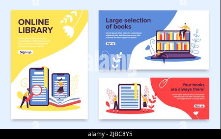 Online-Bibliothek Banner mit Anmelde-Schaltflächen bearbeitbaren Text und Bilder von Bücherregalen und Gadgets Vektordarstellung gesetzt Stock Vektor