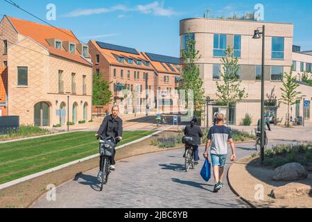 Schönes Mädchen, das mit Radfahrern auf einem neuen Radweg oder einer Straße zwischen modernen Gebäuden mit Solarzellen im Zentrum von Odense, Dänemark, Fahrrad fährt Stockfoto