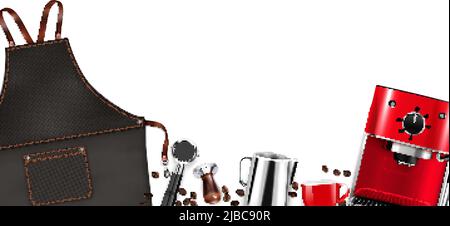 Barista Ausrüstung mit Schürze Kaffeemaschine Bohnen manipulieren Topf auf weißem Hintergrund realistische Vektor-Illustration Stock Vektor