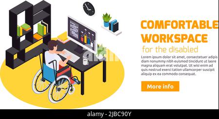 Home Office für Menschen mit Behinderungen komfortabler Arbeitsplatz mit rollstuhlgerechtem Schreibtisch Web Landing Page Vektorgrafik Stock Vektor