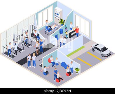 Medizinische Rehabilitation Physiotherapie Zentrum innere Rezeption Übungen Massage-Behandlung und Außenparkplatz isometrische Ansicht Vektor Illustration Stock Vektor