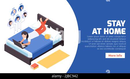 Bleiben Sie zu Hause in der Ferne isometrisches Webbanner mit Frau im Bett, die das Unternehmensnetzwerk ferngesteuert verwaltet Vektordarstellung Stock Vektor