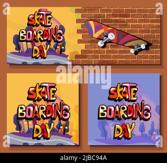 Skateboard-Poster. Skateboarding-Tag. Moderner Stil. Straßenbanner oder Postkarte im trendigen Stil für Jugendliche. Stock Vektor