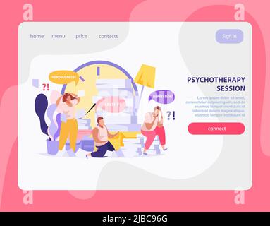 Psychotherapie-Sitzung Landing Page mit müden Menschen leiden an Apathie Depression Nervosität arbeiten im Büro flache Vektor-Illustration Stock Vektor