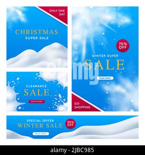Winter super Verkauf Poster mit Schneeflocken und schneebedeckten Hügeln auf blauem Hintergrund realistisch isoliert Vektor-Illustration gesetzt Stock Vektor