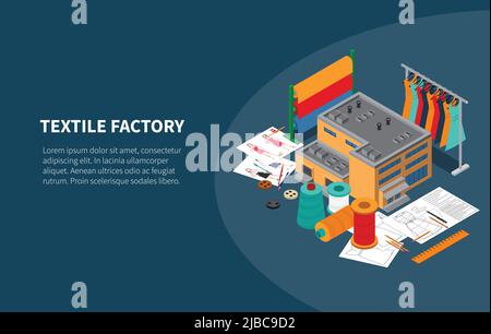 Textilindustrie Herstellung Fabrik Produktion isometrische Zusammensetzung mit Garn Stoff Design Kleidung Rack Hintergrund Banner Vektor Illustration Stock Vektor