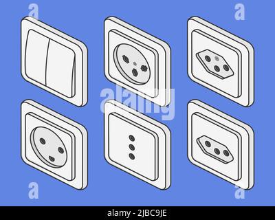 Isometrisches Schaltgerät für Netzsteckdosen, Vektorgrafik flach Stock Vektor