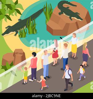 Exotische Tiere im Zoo isometrische Komposition mit Besuchern machen Selfie mit zwei Krokodilen in Teich Vektor-Illustration Stock Vektor