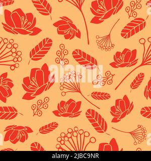 Nahtloses Vektor-Muster mit roten Blumen auf rosa Hintergrund. Schlichtes romantisches florales Tapetendesign. Blossom Fashion Textil. Stock Vektor