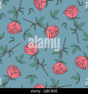 Nahtloses Vektor-Muster mit rosa Rosen auf blauem Hintergrund. Romantisches florales Tapetendesign. Dekorative Hochzeitsmode Textil. Stock Vektor