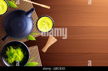 Matcha Tee realistische Zusammensetzung mit Draufsicht auf Holztisch mit Tee Set Tassen und Pulver Vektor Illustration Stock Vektor