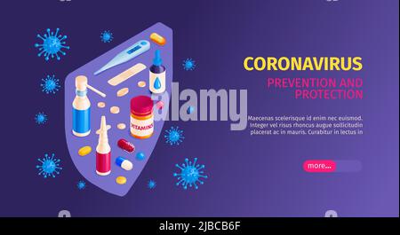 Isometrisches medizinisches Virus Coronavirus horizontales Banner mit bearbeitbarem Text und Bildern von Medikamenten, die durch Schildvektordarstellung geschützt sind Stock Vektor