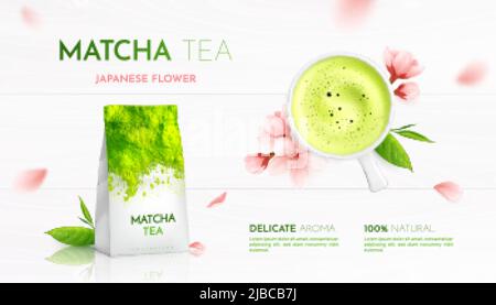 Matcha Tee Werbung realistischen Hintergrund mit Zusammensetzung der Blumen Blätter und Tee-Tasse mit Produktverpackung Vektor Illustration Stock Vektor