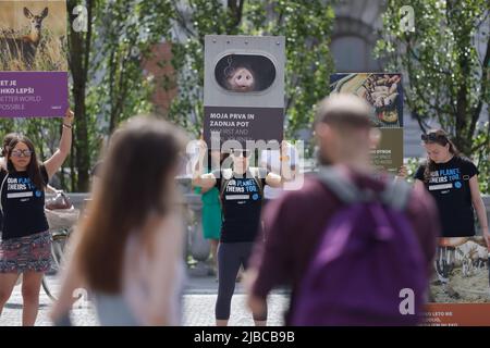 Ljubljana, Slowenien. 05.. Juni 2022. Die Demonstranten tragen Plakate während einer globalen Kundgebung am Tag der nationalen Tierrechte. Am gleichen Tag fanden in mehreren Städten der Welt Kundgebungen zum Tag der nationalen Tierrechte statt. Kredit: SOPA Images Limited/Alamy Live Nachrichten Stockfoto