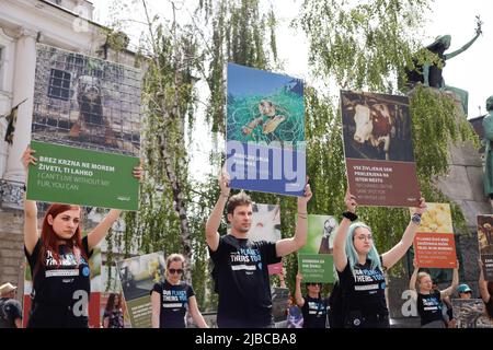 Ljubljana, Slowenien. 05.. Juni 2022. Die Demonstranten tragen Plakate während einer globalen Kundgebung am Tag der nationalen Tierrechte. Am gleichen Tag fanden in mehreren Städten der Welt Kundgebungen zum Tag der nationalen Tierrechte statt. Kredit: SOPA Images Limited/Alamy Live Nachrichten Stockfoto