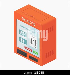 Isometrisches orangefarbenes Ticketautomaten, atm, isolierte Vektordarstellung Stock Vektor