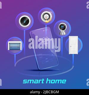 Smart-Home-Geräte steuern und überwachen System mit Smartphone realistische Zusammensetzung violett blau Gradienten Hintergrund Vektorgrafik Stock Vektor