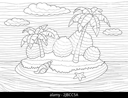 Insel Färbung Grafik schwarz weiß Landschaft Skizze Illustration Vektor Stock Vektor