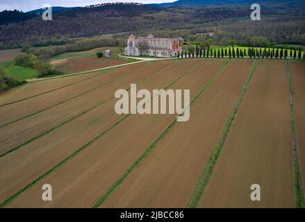 Luftaufnahme auf den Feldern der Toskana mit der Abtei San Galgano im Hintergrund Stockfoto