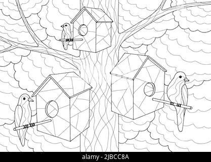 Vögel Färbung sitzen auf Baum Vogelhaus Grafik schwarz weiß Skizze Illustration Vektor Stock Vektor