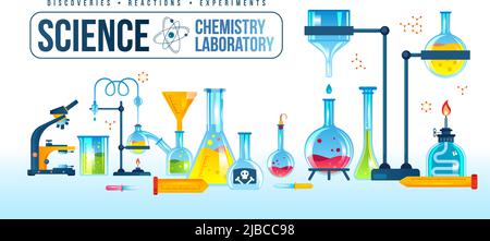 Laborgeräte Mikroskop Kolben Röhren Heizung für chemische Experimente flache Vektor-Illustration Stock Vektor