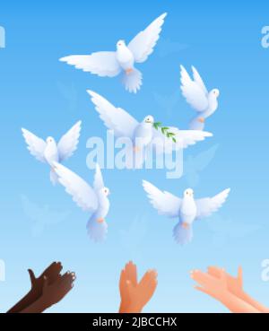 Tauben flache Zusammensetzung mit klaren blauen Himmel Hintergrund und menschliche Hände in verschiedenen Farben befreiende Tauben Vektor-Illustration Stock Vektor