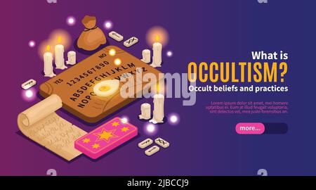 Isometrische psychische Glück okkulten horizontalen Banner mit Bildern von Kerzen alten Skript Text und mehr Button-Vektor-Illustration Stock Vektor