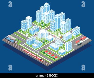 Isometrische industrielle Stadtkomposition mit Bild des Stadtblocks mit Straßen für den Schienenverkehr und glänzenden Wolkenkratzern Vektordarstellung Stock Vektor