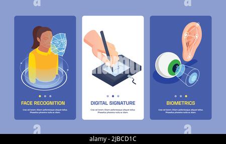 Set aus drei vertikalen Bannern mit digitaler biometrischer Authentifizierung und Gesichtserkennungstechnologie isoliert auf blauem Hintergrund 3D isometrisch Stock Vektor